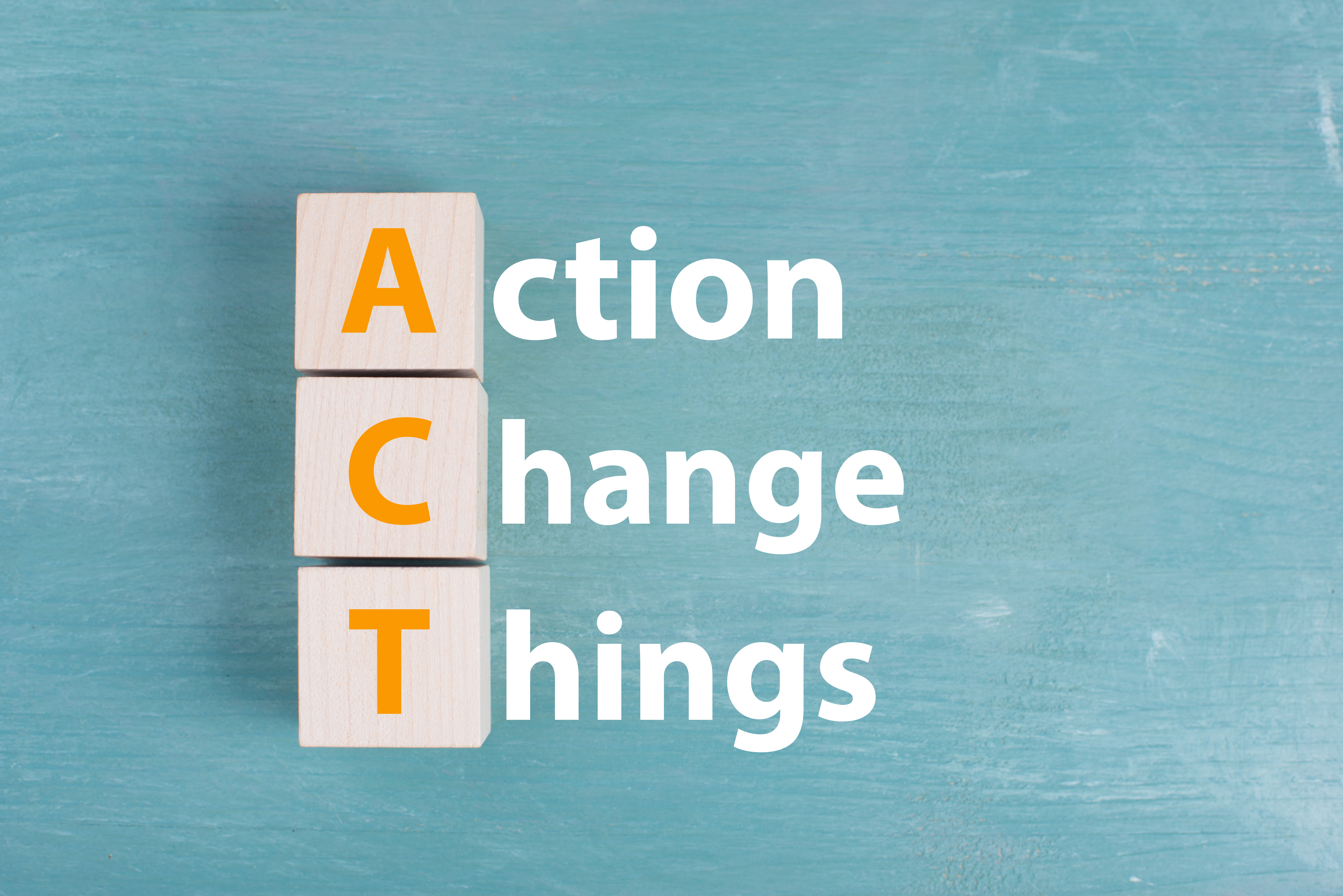 The words action, change, things are standing on a blue colored background, business concept