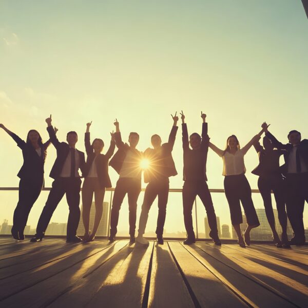 Silhouettes of a diverse group of businesspeople celebrating success with arms raised on a rooftop.