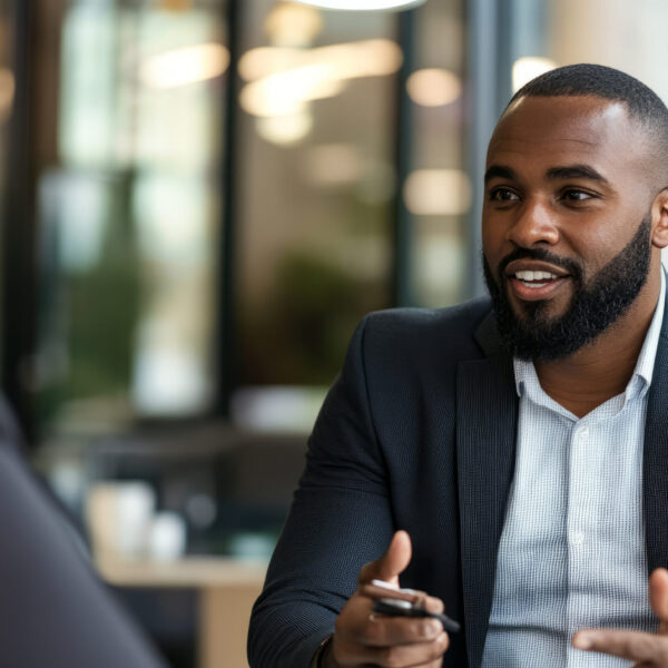 A manager hosting a one-on-one meeting with an employee to discuss career development